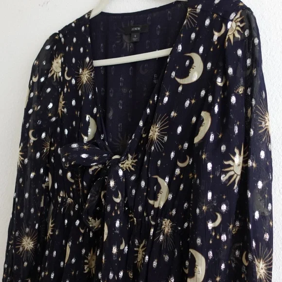 J. Crew Black and Gold Long Sleeve Celestial Moon and Stars Maxi Dress Small - Picture 5 of 10